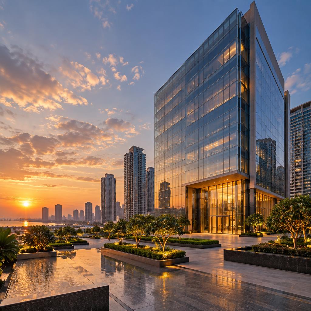 Premium glass office tower in warm evening light